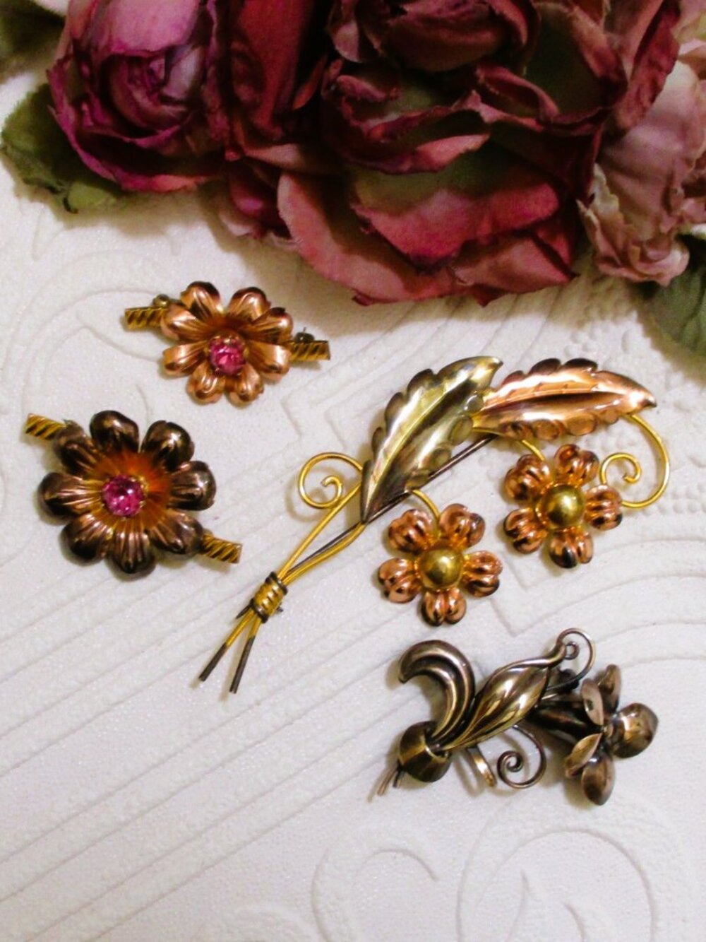 VINTAGE 12K Gold Filled Floral Brooch Lot – Van Dell A&Z – 1940s Art Deco Flower